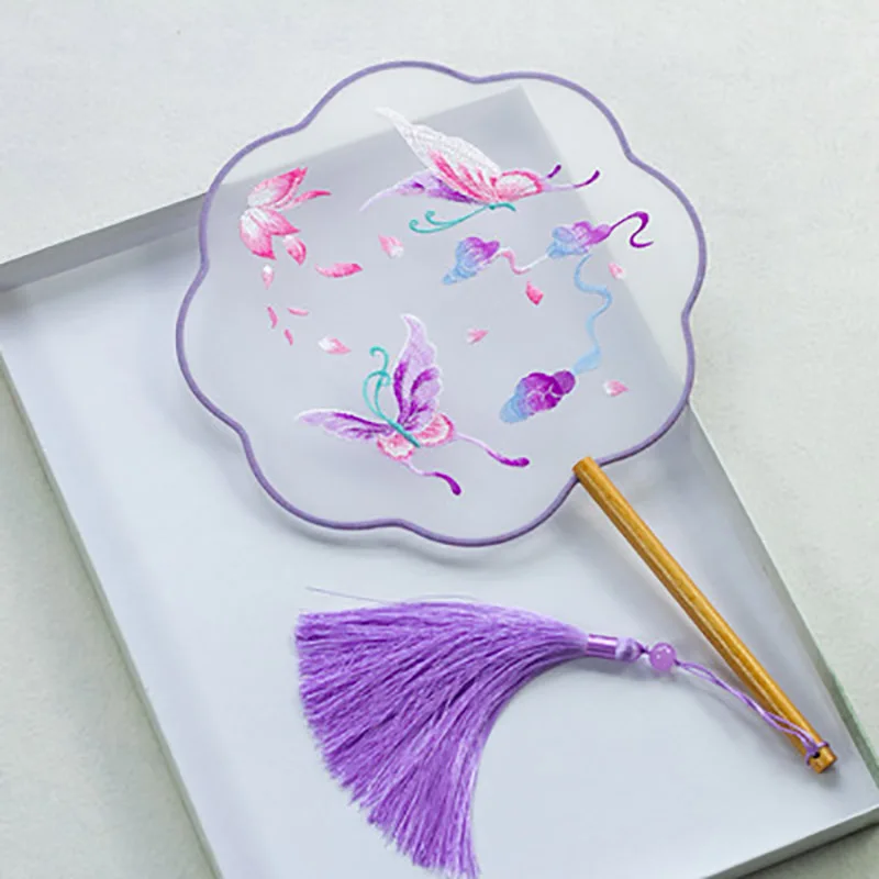 Traditional Chinese Circular Fan, Double-Sided Pattern, Hand Held, Han Ancient Dance, Cheongsam Embroidery, Round Fan