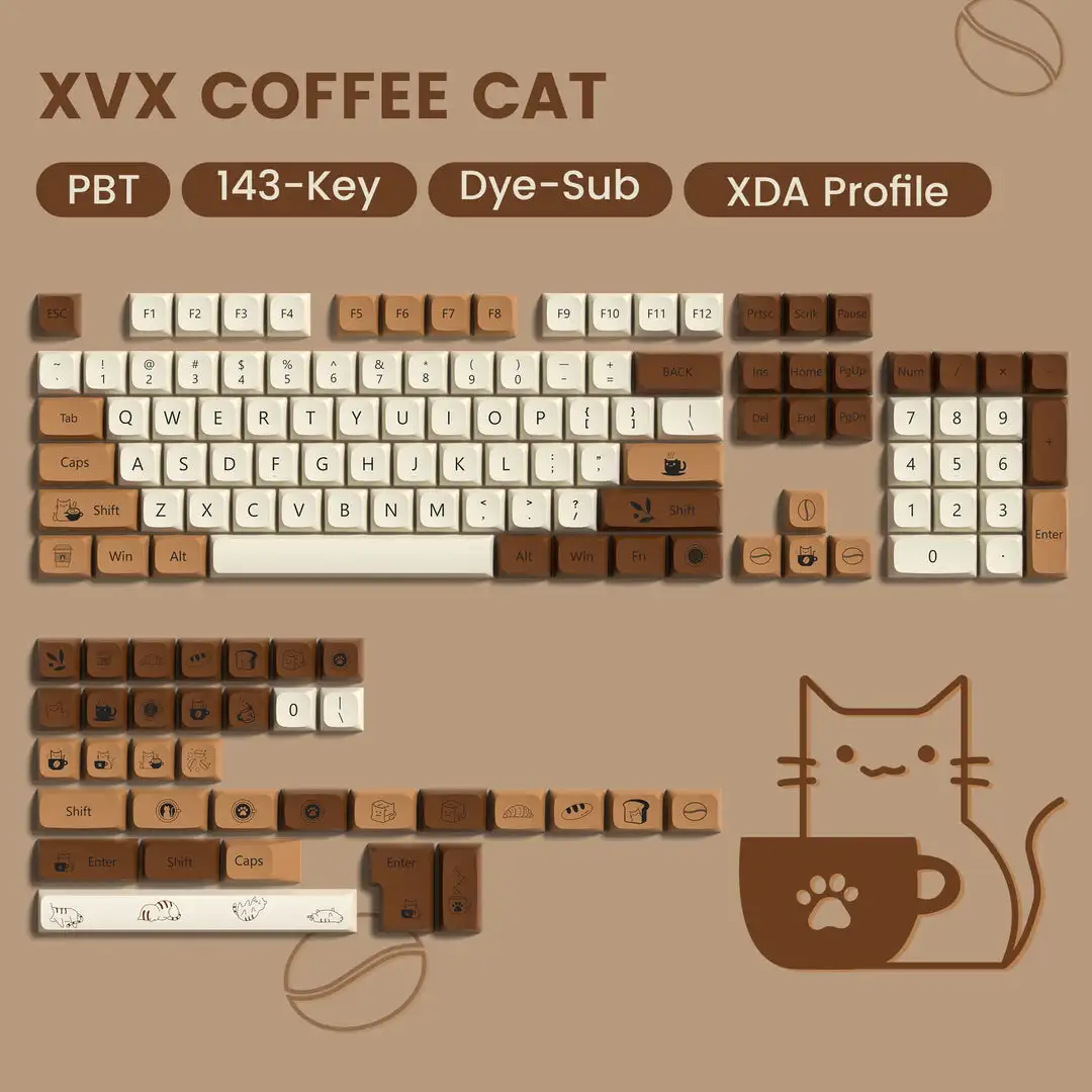 Personalizado Keycaps para Cherry mx Switch Gamer Teclado Mecânico Coffee Cat Pbt Lados Dye-sub Perfil Xda 143 Chaves