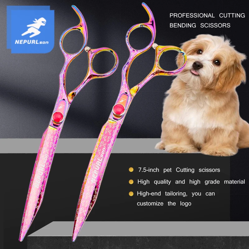 VG10 Steel High-quality 7.5 Inch Professional Pet Scissors For Dog Grooming Cutting Big Quick Trim Straight Curved Shears