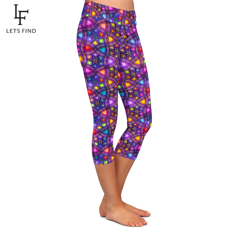 LETSFIND 3D Abstract Bright Shiny Colorful Geometric Shapes Print Women Capri Leggings Fashion High Waist Soft Pants