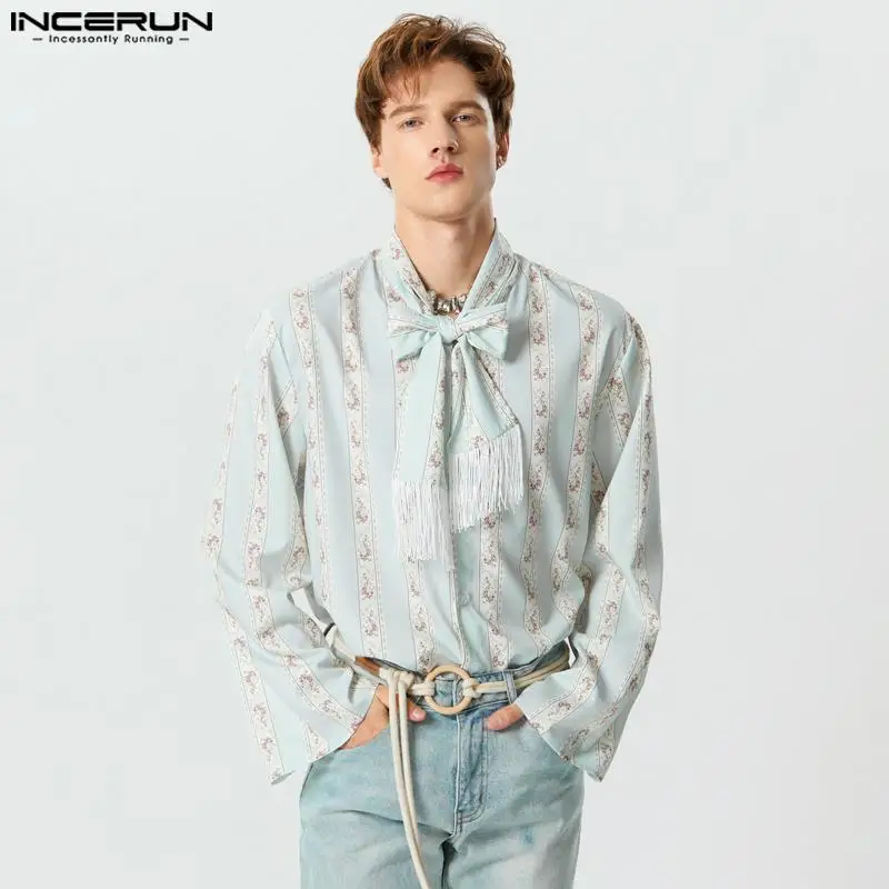 

Топы INCERUN 2023, стильные новые мужские рубашки в американском стиле с цветочным принтом, декольте и кисточками, уличная блузка с длинным рукавом