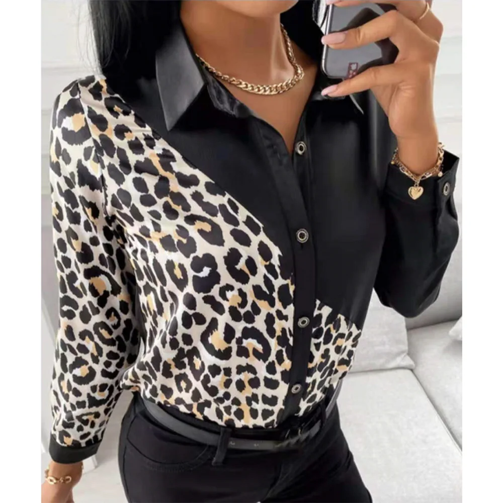 

Fashion Women Shirt Elegant V-Neck Leopard Print Blouse Long Sleeve Versatile Casual Slim Tops Autumn 2023 Streetwear Female