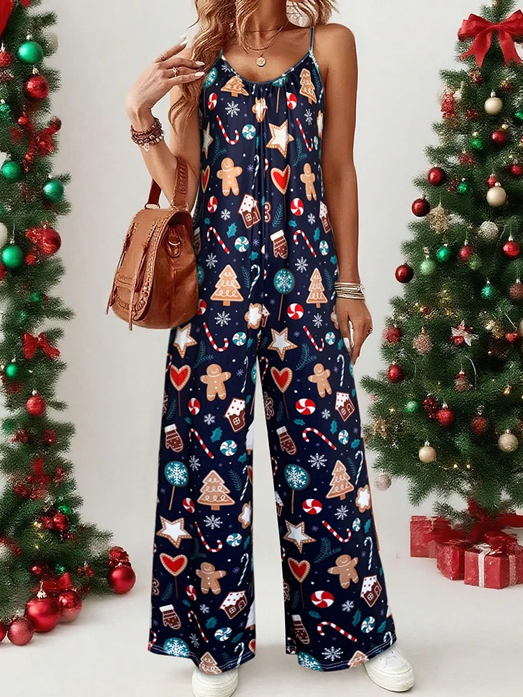 Women's Christmas Gingerbread Print Spaghetti Strap Jumpsuit, Festive Christmas cookie fashion gingerbread print clothing
