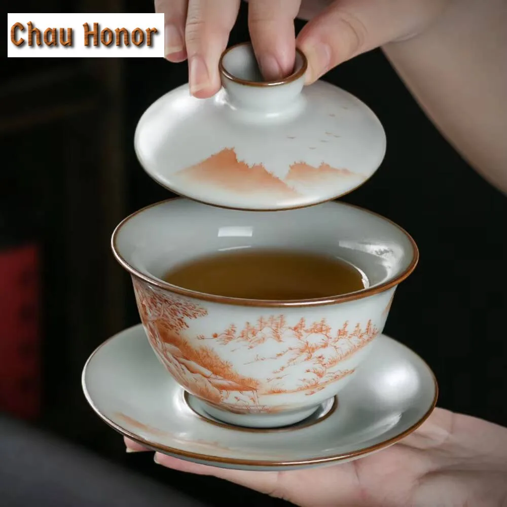 170ml Ancient Hand-painted Landscape Gaiwan Handmade Ru Kiln Porcelain Bowls Tea Tureen Tea Maker Cover Bowl Teaset Decoration