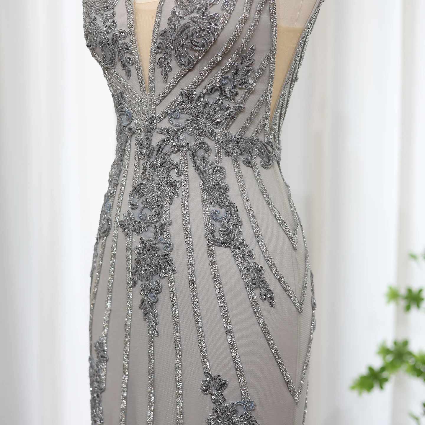 Jancember Elegant Silver Gray VNeck Mermaid Evening Dress For Women