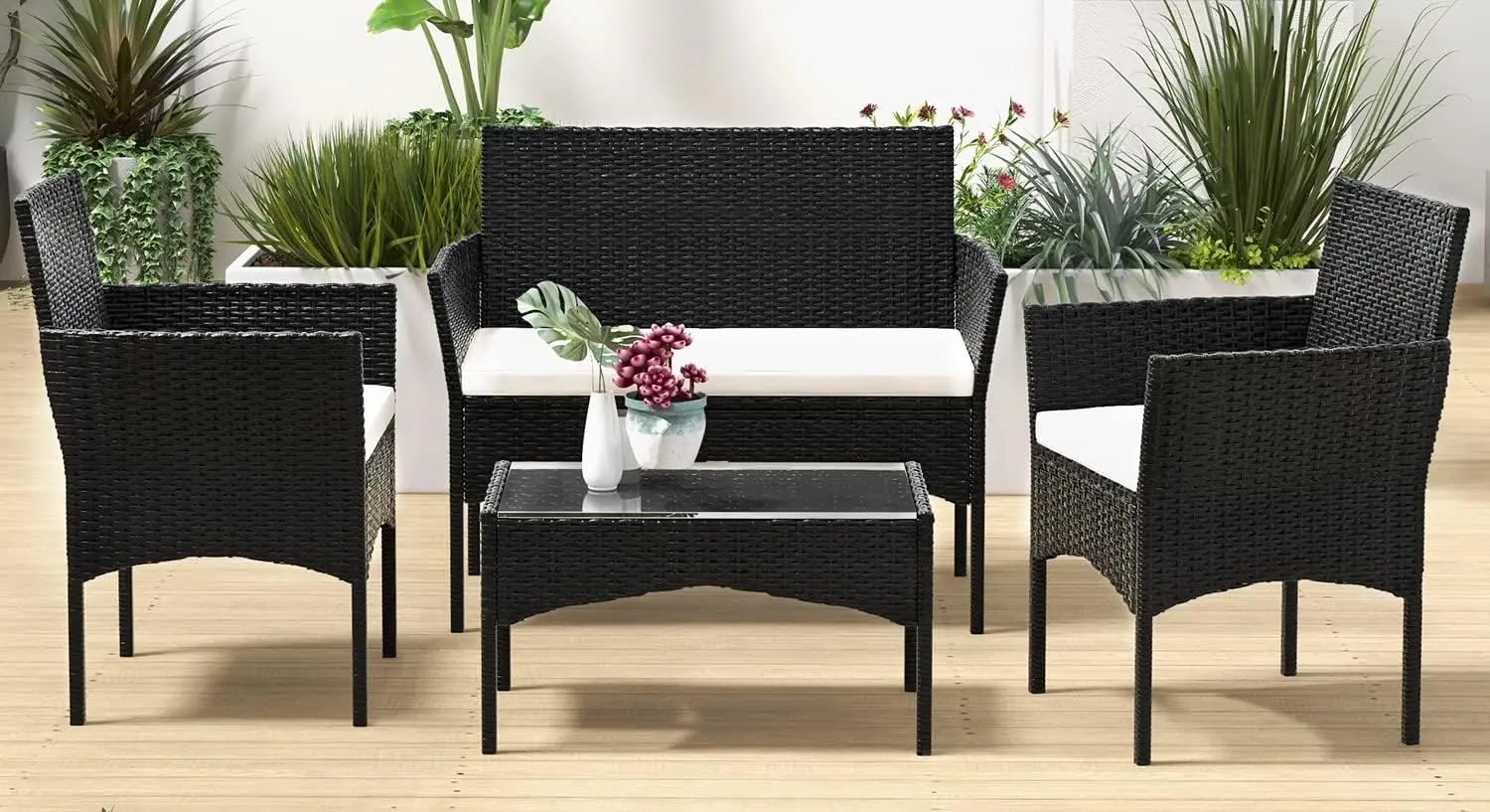 4-Piece Outdoor Patio Furniture Set, Wicker Conversation Seating for Lawn, Porch, Backyard & Garden – Black