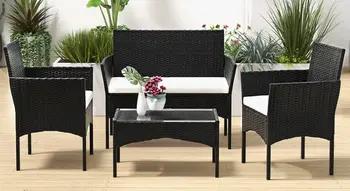 4-Piece Outdoor Patio Furniture Set, Wicker Conversation Seating for Lawn, Porch, Backyard & Garden – Black