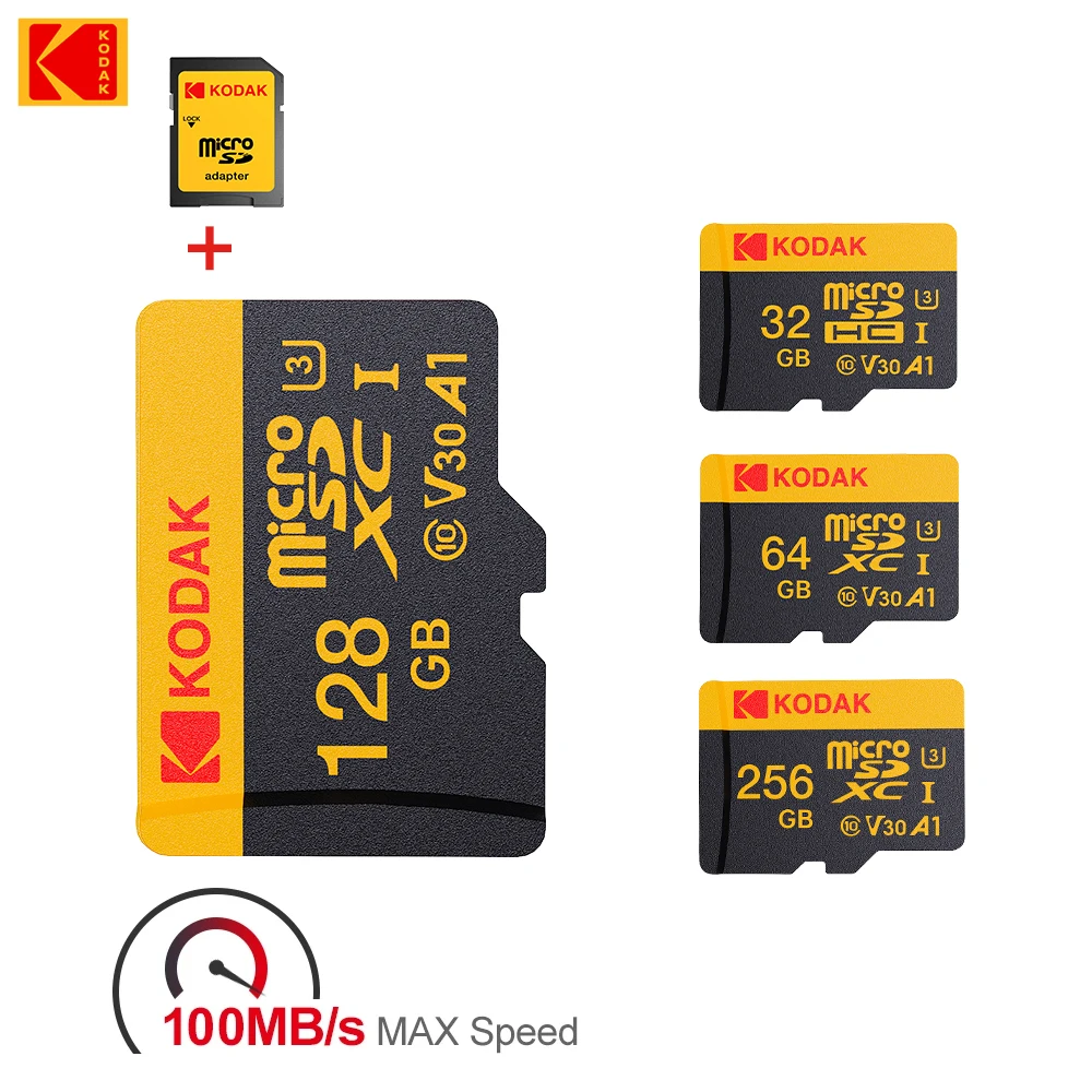 코닥 마이크로 SD 카드 128GB 64GB 32GB 16GB 클래스 10 U3 100MB/s TF 메모리 카드 + SD 어댑터 (4K 비디오 드론 휴대폰용)
