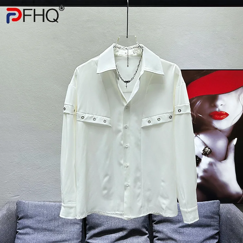 

PFHQ Men's Metal Design Long Sleeved Shirts Spring Style Handsome Loose Trendy Solid Color Breathable Delicacy Tops New 21Z4170