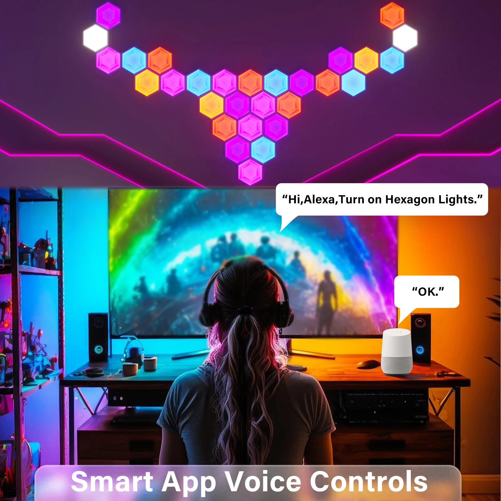 Hexagon LED Panel RGB-IC Smart WIFI Lights Work With Alexa Google Gaming Dream Color Light Music Sync Mood Night Lamp Decoration 4