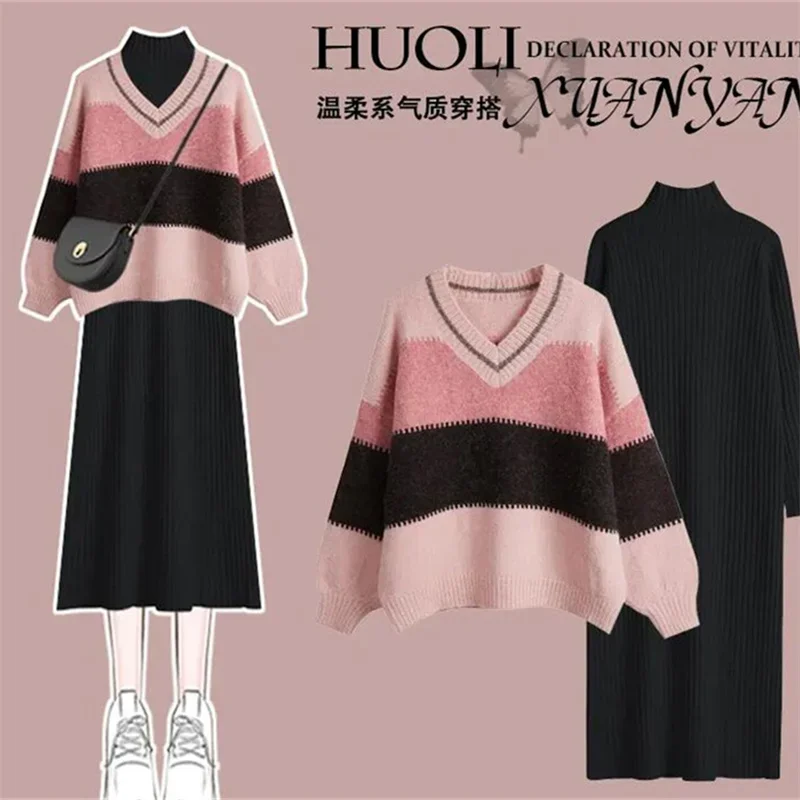 Korean Fashion Dress Sets Striped Knitted Pullover+Slim Black Midi Sweater Dress Two Piece Set Plus Size Clothing