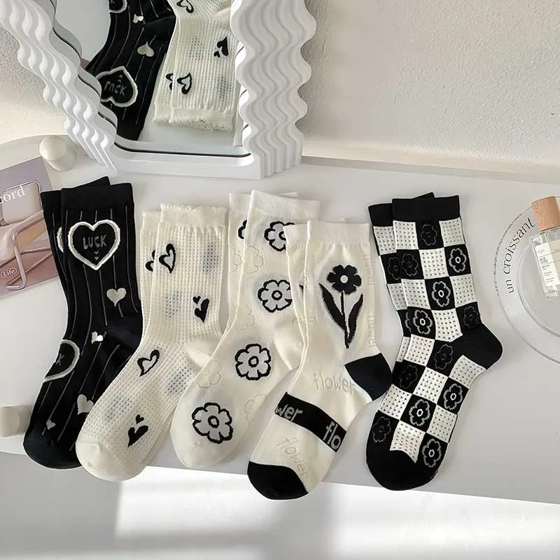 

Flower Woman Sock Mesh Plaid for Women Socks Casual Kawaii Fashion Print Geometric Sox Cotton Spring Summer Purple Stockings