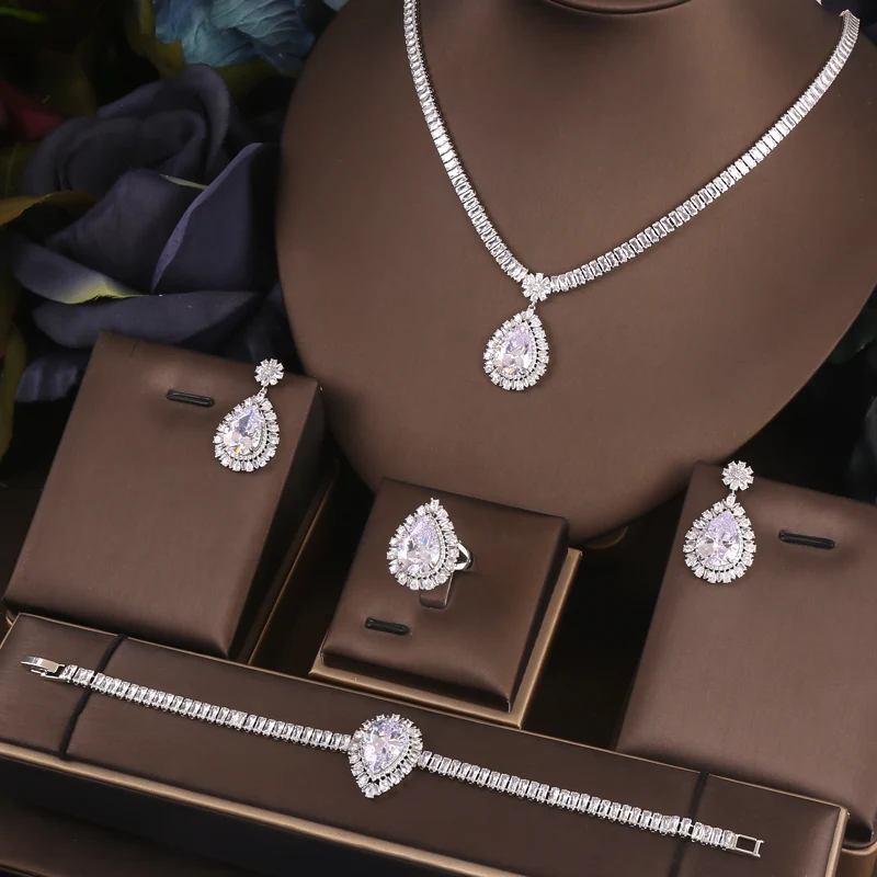 Luxury Zircon Engagement Ring & Necklace Jewelry Set For Wedding