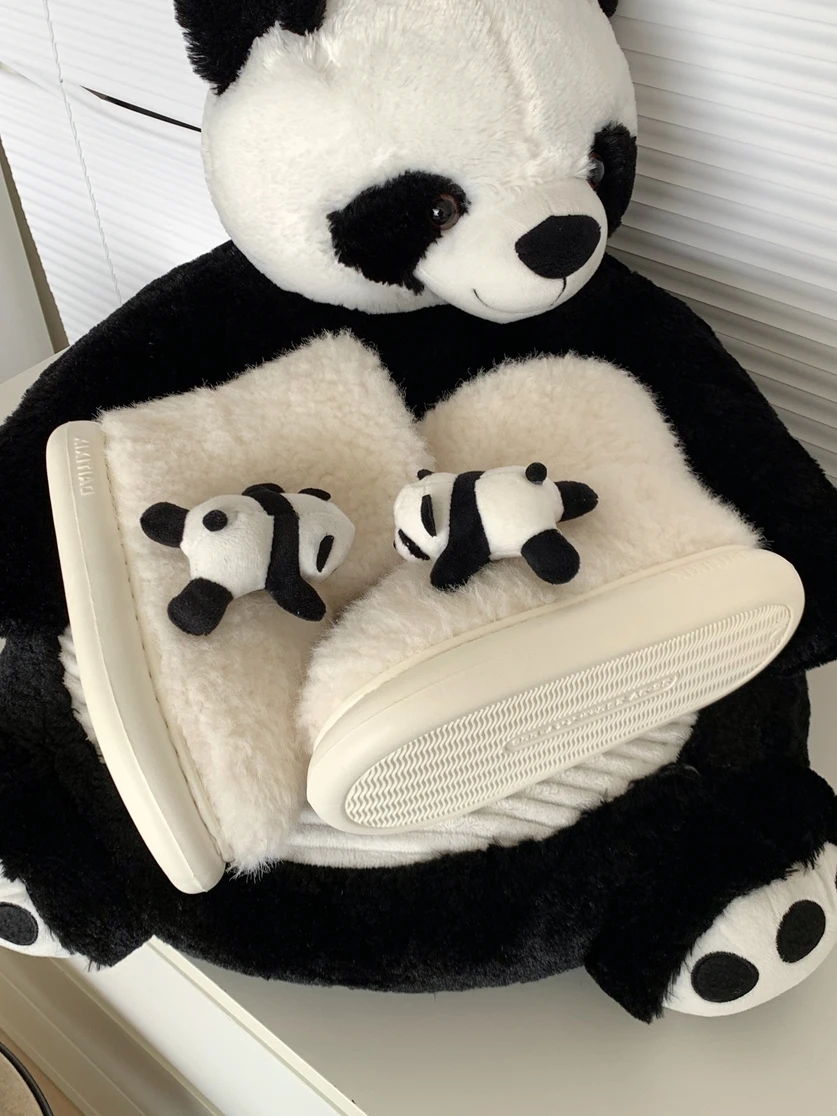 Versatile Lamb Wool Cotton Shoes Cute Panda Snow Boots Winter Lying Down Bear Indoor Household Snow Boots Fur Boots