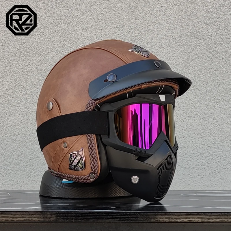 ORZ New PU Leather 3/4 Retro Cruising Motorcycle Helmet Summer Scooter Half Helmet with Mask Windshield DOT Approval