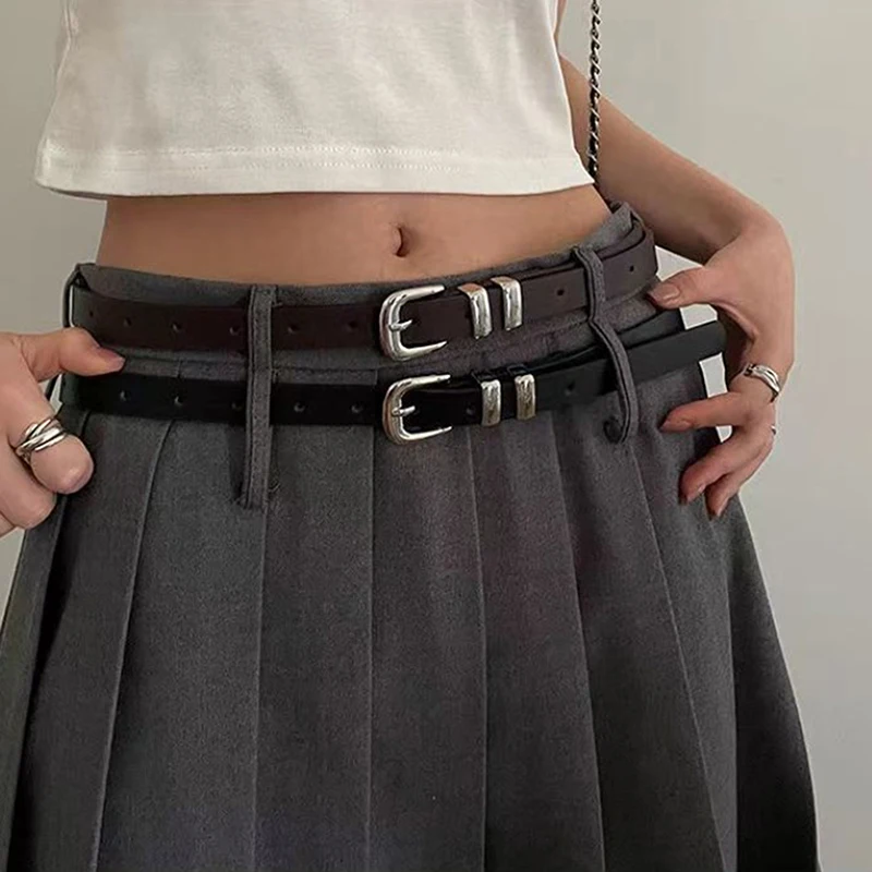 

Fashionable Simple Thin Belts For Women Girls Minimalist Solid Color Versatile Belts Creative Alloy Buckle Decoration Belt