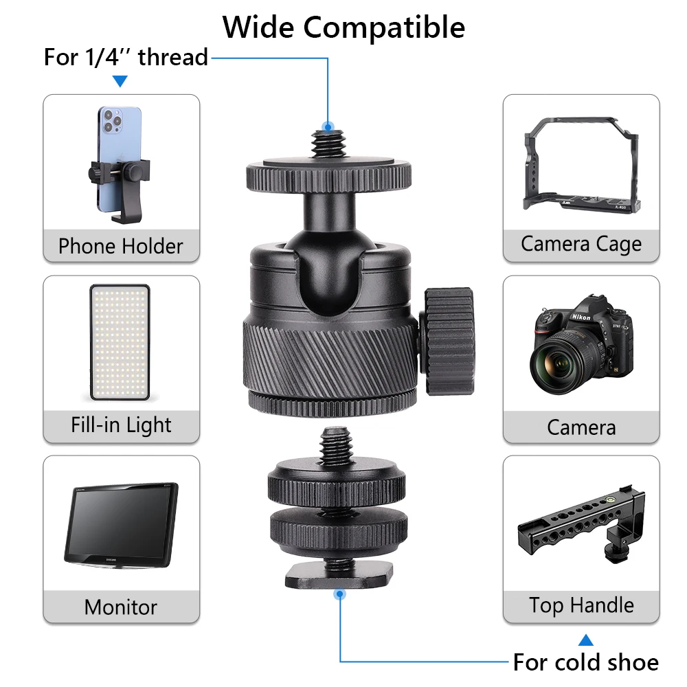 ARTCISE Low Profile Double-U CNC Aluminum Small Ballhead TH01 with 1/4" Hotshoe for Digital Cameras, Mini SLRs, Max Load 3kg