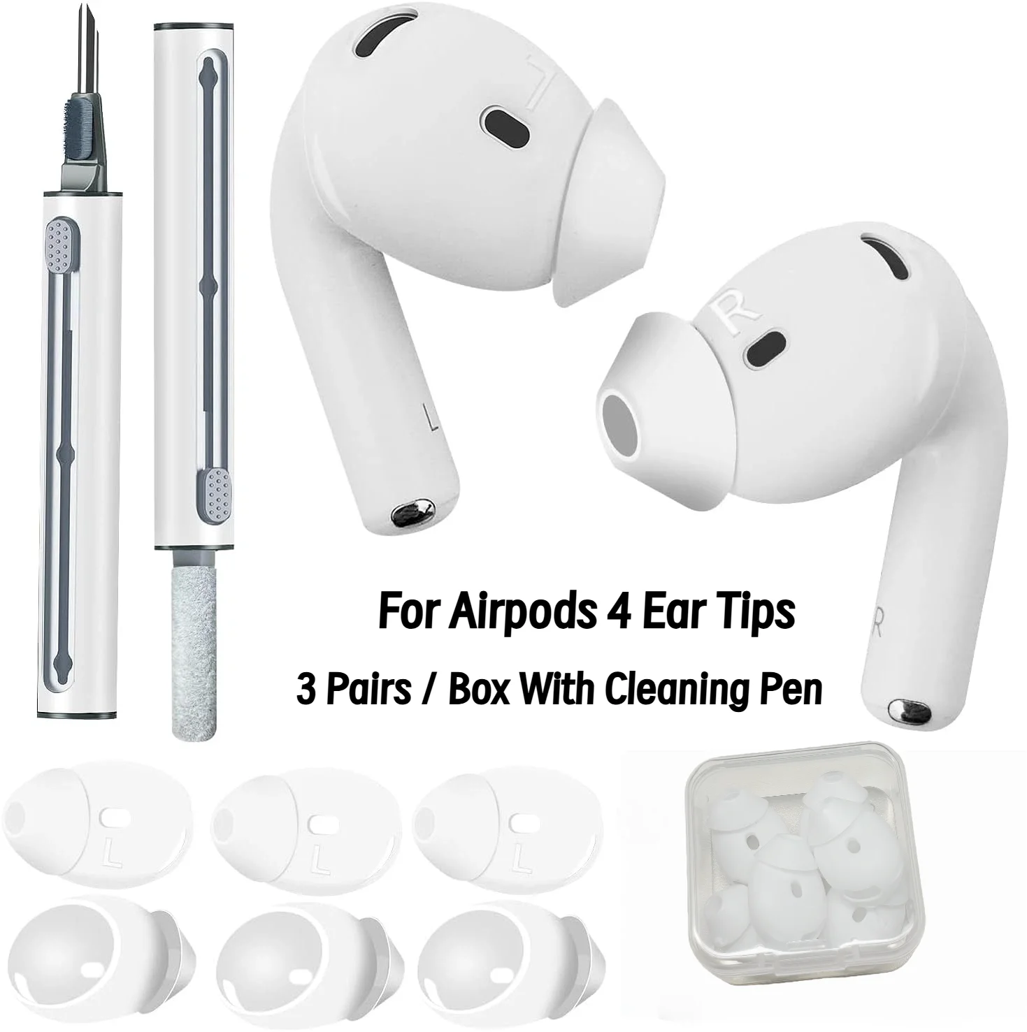 KUTOU 3 Pairs Silicone Ear Tips For Apple AirPods 4th Cover Anti-Slip Eartips For AirPods4 Protective Sleeve With Cleaning Pen