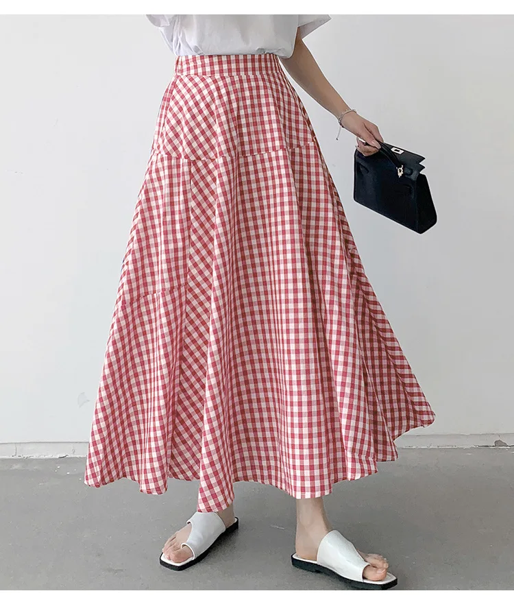 Korean Style Colored Plaid A-line Long Cotton Skirts 1