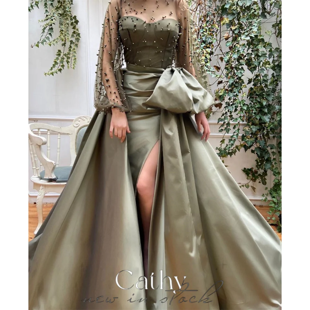 

Женское атласное платье для выпускного Cathy, шифоновое платье-трапеция со съемным шлейфом и рукавами-фонариками, 2019