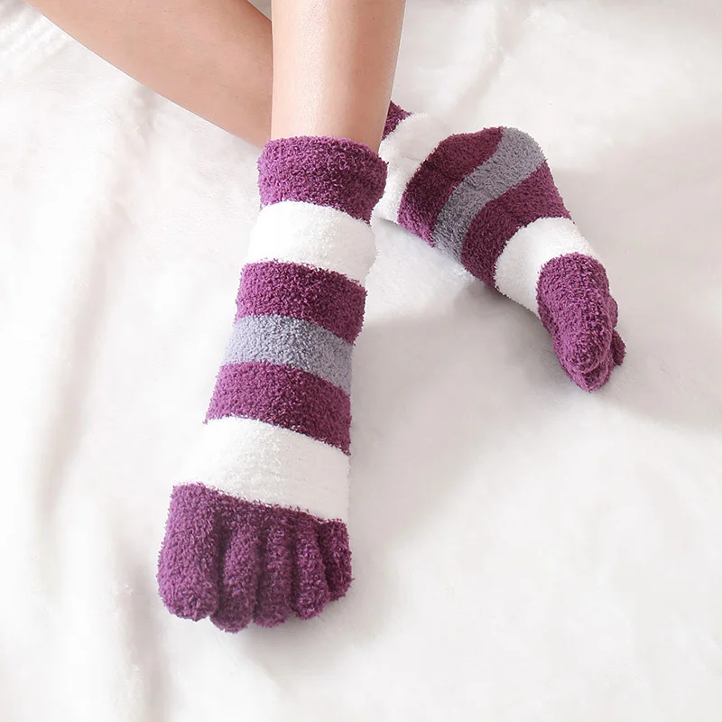 

Winter Women's Five Finger Socks Thick Warm Coral Fleece Fluffy Toe Sock Striped Soft Cozy Hosiery Breathable Laides Floor Socks