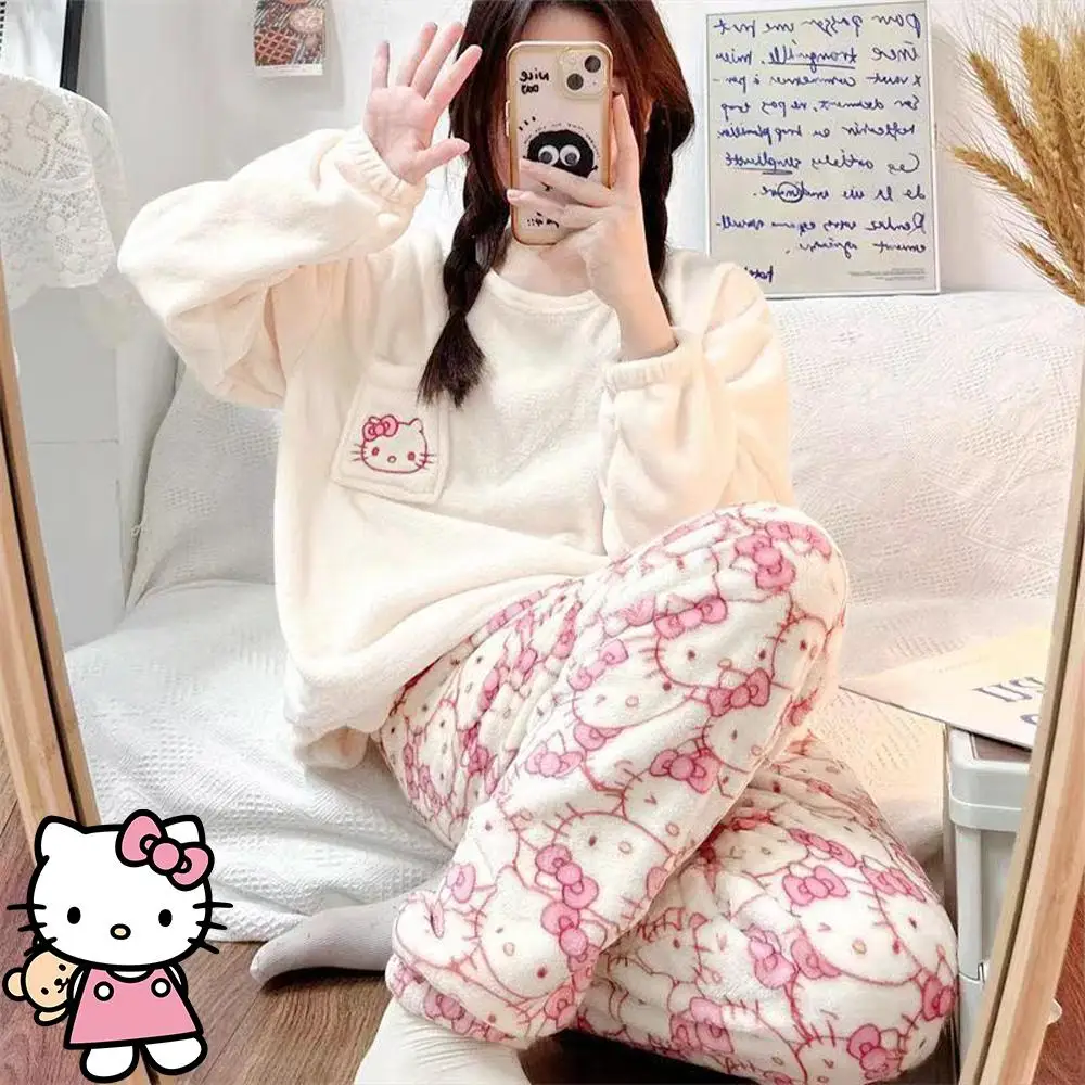 

Sanrioed Cartoon Hello Kitty 2Pcs Women Plush Pajamas Suit Anime Kawaii Winter Cute Home Clothes Thickened Homewear Soft Girls