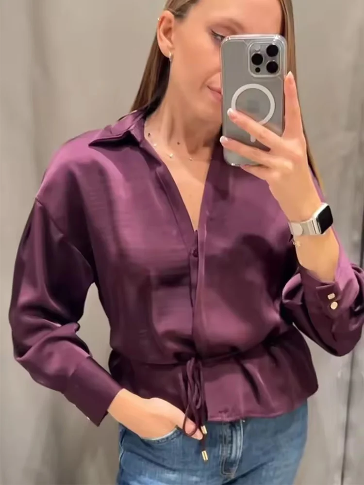 Chic Fashion Satin Elegant Shirts for Women 2025 New Long Sleeve Tied Women's Streetwear Casual Shirt And Blouse Woman Top