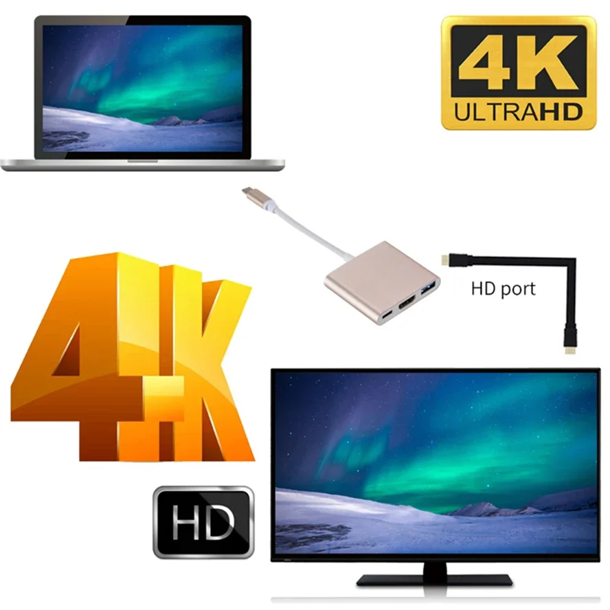 ƺ  Ϳ USB 3.0 ŷ ̼, USB C to HDMI ȣȯ й , 3 in 1