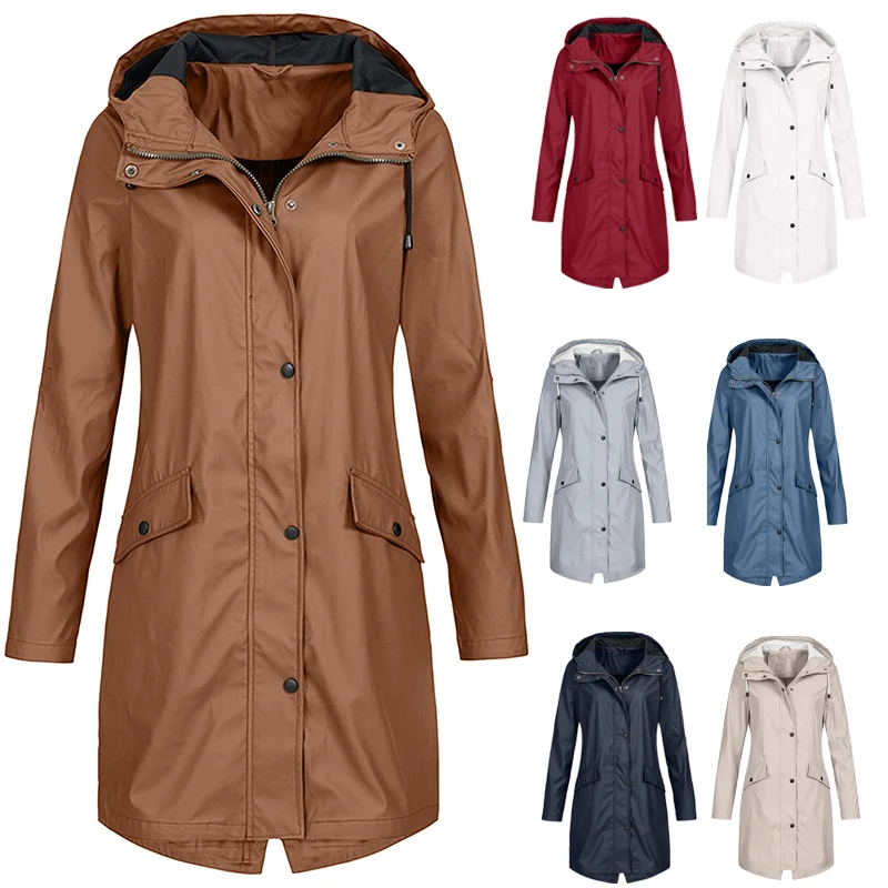 

New Women Solid Color Jacket Coat Windproof Waterproof Hooded Outdoor Hiking Clothes Outerwear Women's Lightweight Raincoat