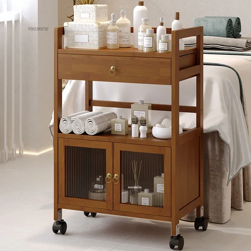 Nordic Bamboo Salon Trolley Barber Shop Auxiliary Car with Wheels Multi-functional Beauty Salon Instrument Organizers Trolleys