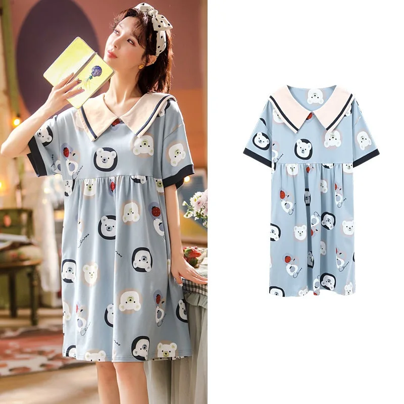Cute Cartoon Sleepwear For Women Nightgowns Dressing Gown Summer Nightdress Cotton Pajamas Sleepshirt Vintage Dress Home Clothes