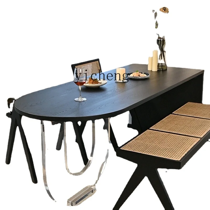 

Xl Vintage Solid Wood Dining Table Black Semi-Oval Light Luxury Acrylic Suspension Home Dining Table