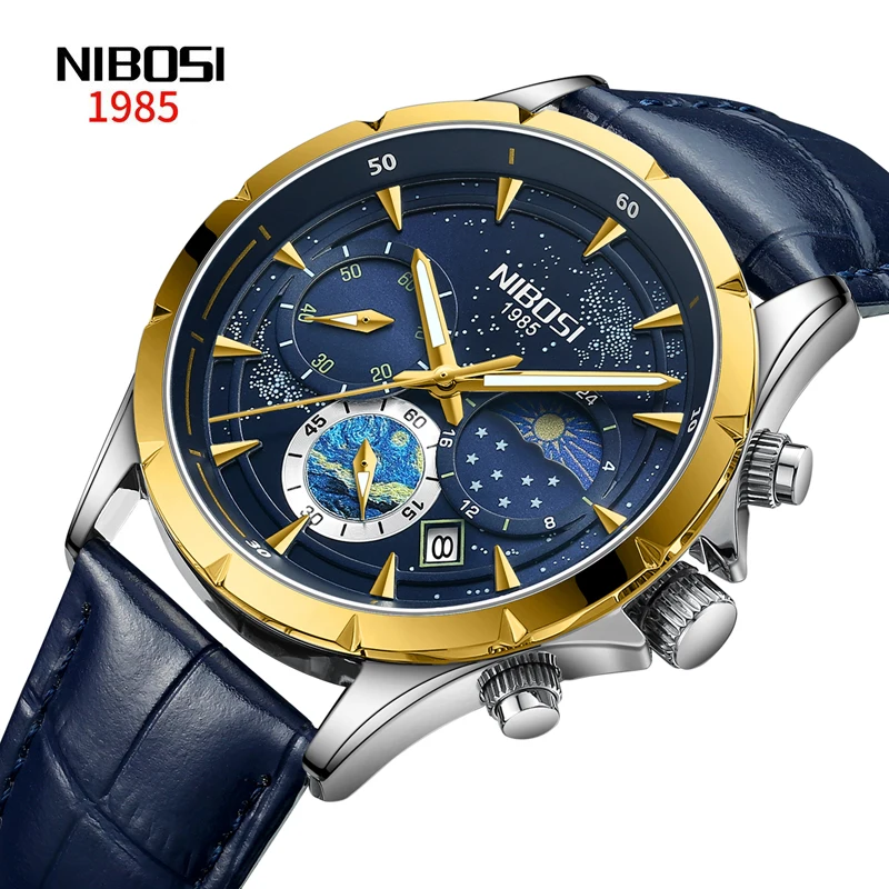 

NIBOSI Mens Watches Top Brand Luxury Leather Quartz Watch for Men HD Luminous Chronograph Moon Phase 24 Hours WristWatches