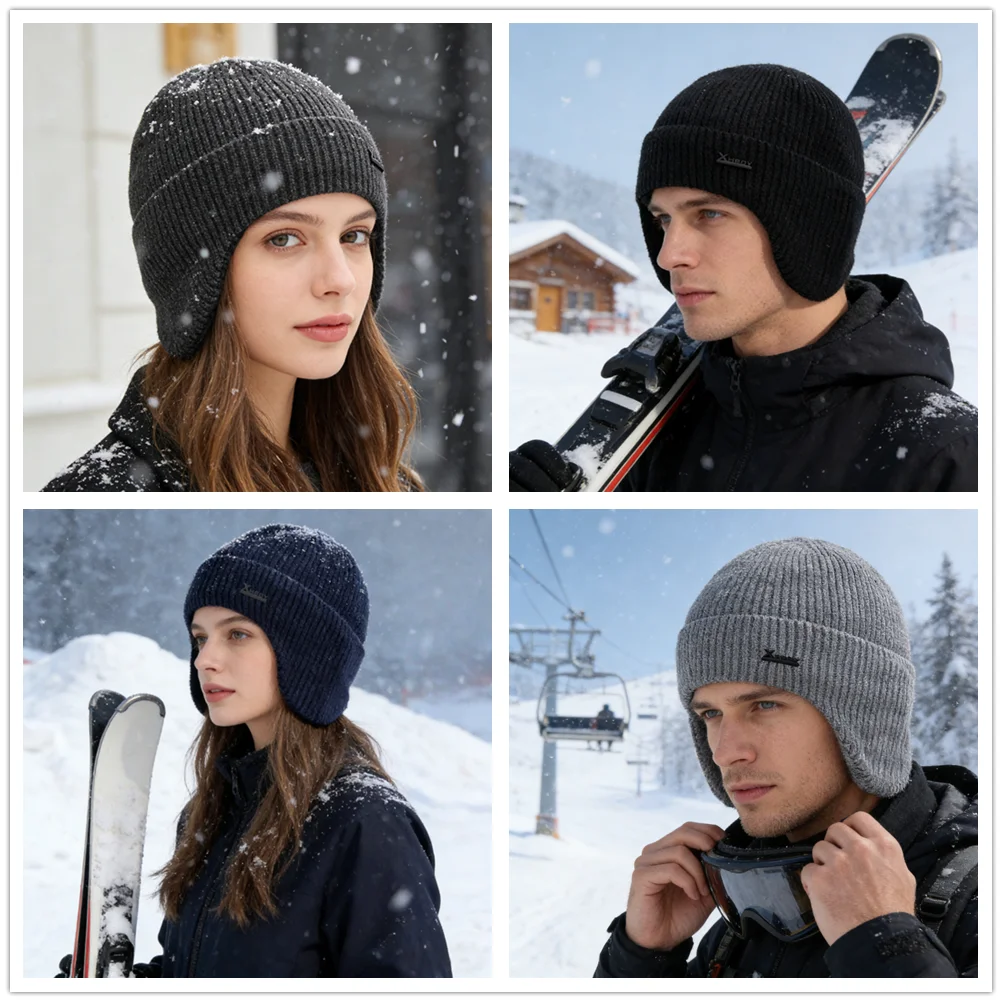 New Men Winter Hat Add Fleece Warm Earflap Cap Stylish Soft Beanie Hat For Male Outdoor Thicken Ski Sports Knitted Hat