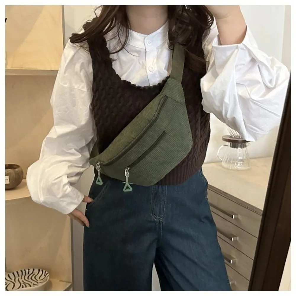 Modische Große Hüfttasche aus Braunem Cord, Diebstahlsichere Brusttasche, Umhängetasche für Damen – Detail 5
