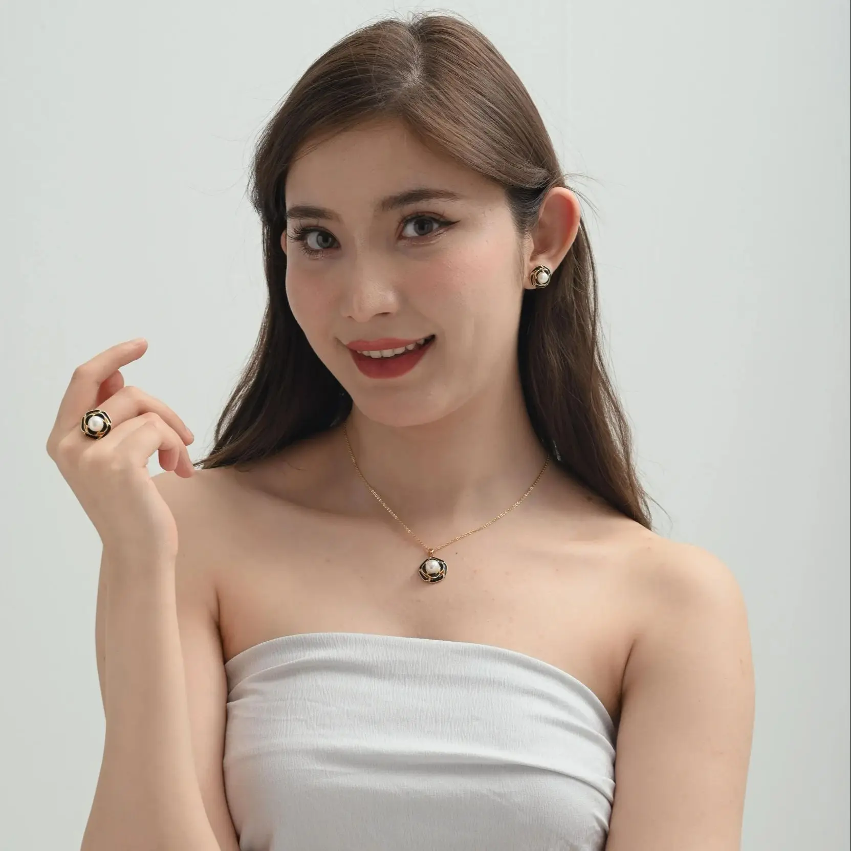 Authentic freshwater pearl necklace pendant earring ring set, natural round 8-9mm camellia flower, young lady daily wear