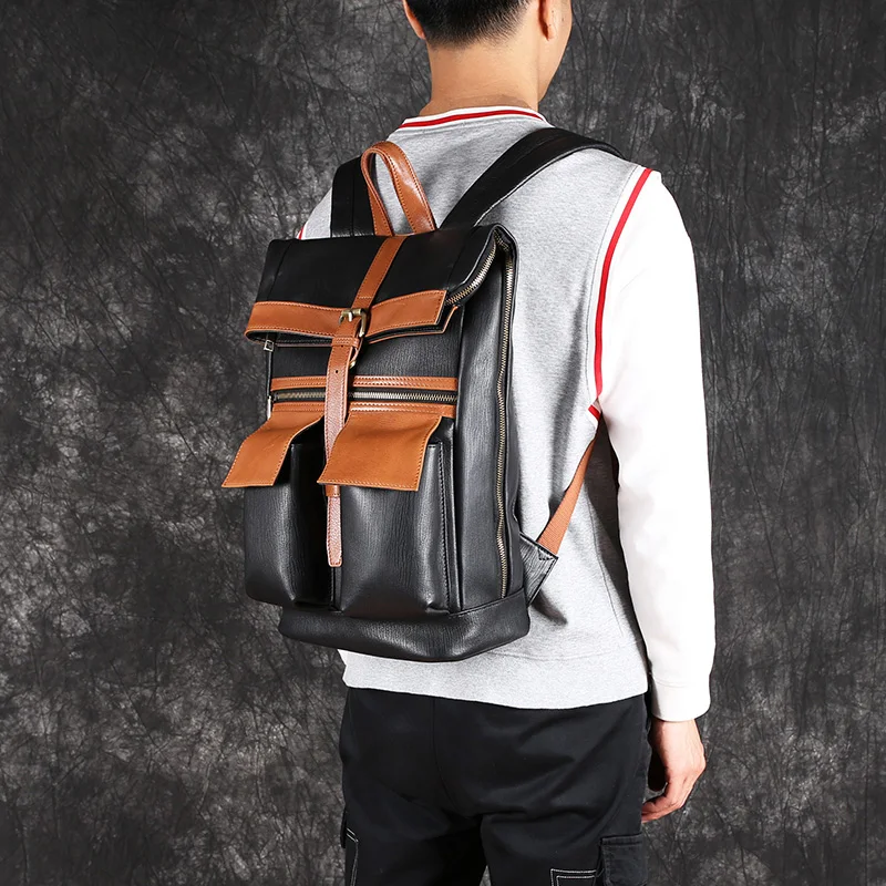 Leather Men's Shoulder BaottopLayer Cowhide Travel Backpack Fashion Trend Schoolbag Personality Niche Computer Bag Student Bag