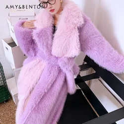 Light Pink Purple Contrast Color Environmental Protection Fur Long Loose Asymmetry Suit Lapel Furry Coat Toka Pocket Jacket Top