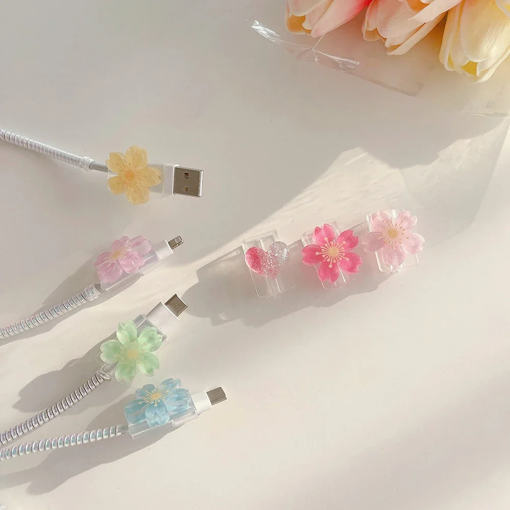 Cherry Blossom Cable Protector Kawaii Soft TPU Cover USB Charger Data Line Cord Case for iPhone Android Office Desktop Organizer