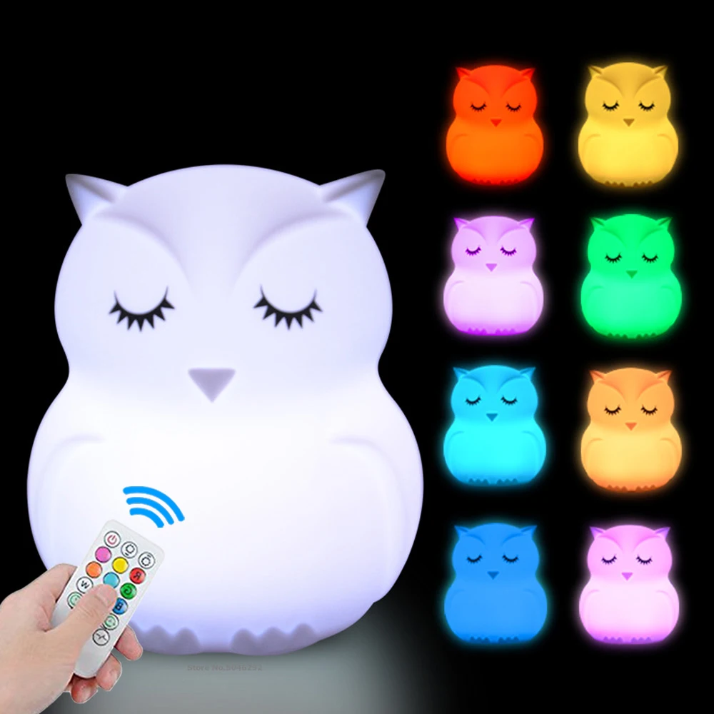 Owl LED Night Light Touch Sensor Remote Control 9 Colors Dimmable Timer USB Rechargeable Silicone Animal Lamp for Kids Baby Gift holiday nights of lights Night Lights