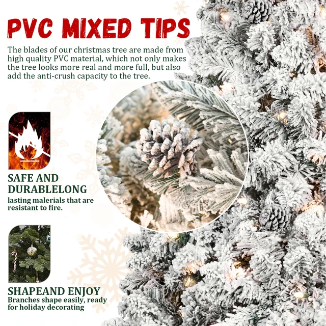 4/5/6/7/7.5/8/9FT PVC Artificial Flocking Christmas Tree Tungsten Lights Pine Cone Decor Metal Stand Premium Xmas Tree Ornaments 4