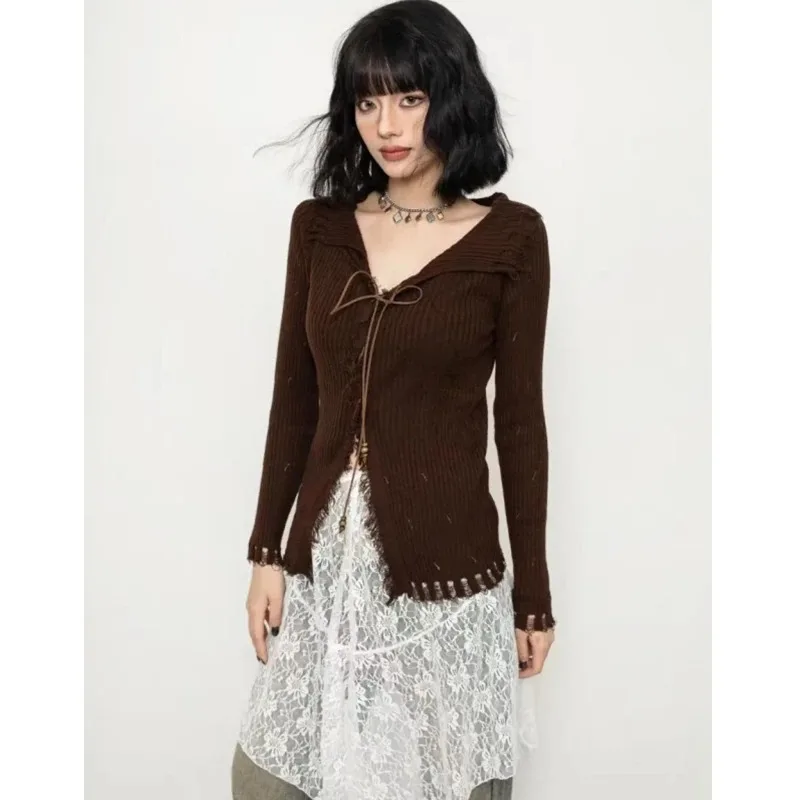 New Autumn and Winter Street Lace-up Cardigan Fashion Knitwear Long-sleeved Sweater Casual Elegant Semi-transparent Blouse