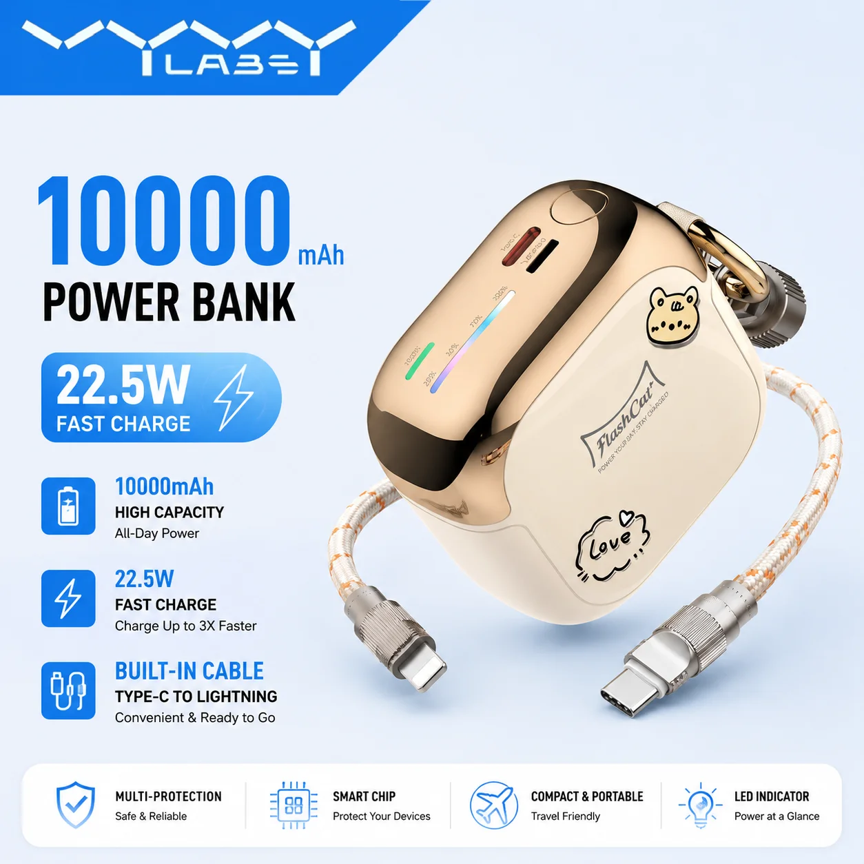 มินิพาวเวอร์แบงค์ 22.5W ชาร์จเร็ว 10000mAh สาย Type-C to Lightning