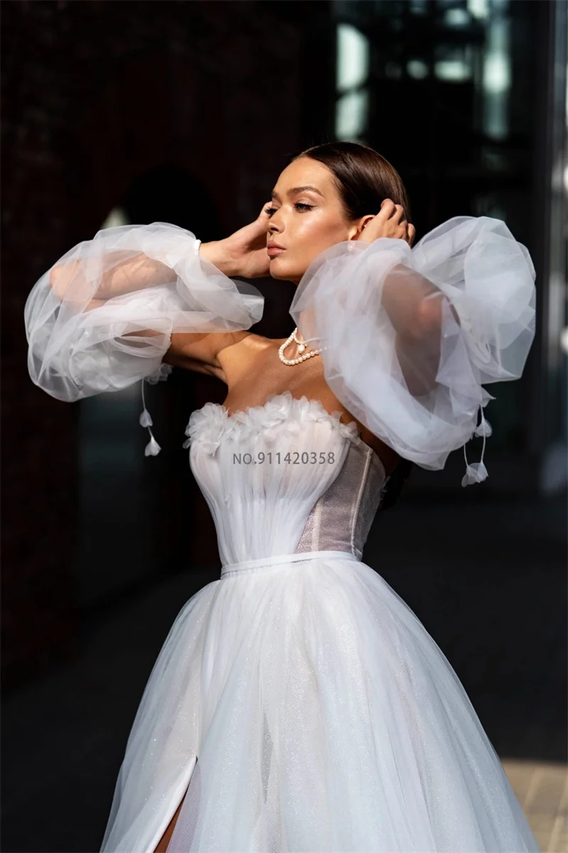 Customized Exquisite Sweetheart Beach Wedding Dresses Off The Shoulder Puff Sleeve Lace Appliques Bridal Gowns Custom