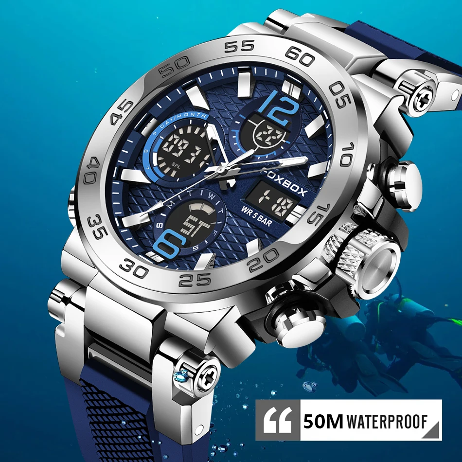 FOXBOX Sport Men's Digital Watch Fashion Quartz Big Dial Watch Men Casual Luminous Waterproof Watches Chronograph Clock Male