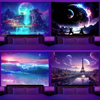 Fluorescent wall hanging fantasy starry sky planet city scenery tapestry art background cloth bedroom room home decoration 1
