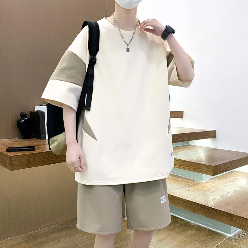 2024 summer new broad edition color patchwork sports suit men's fashion simple leisure sports trend two-piece set