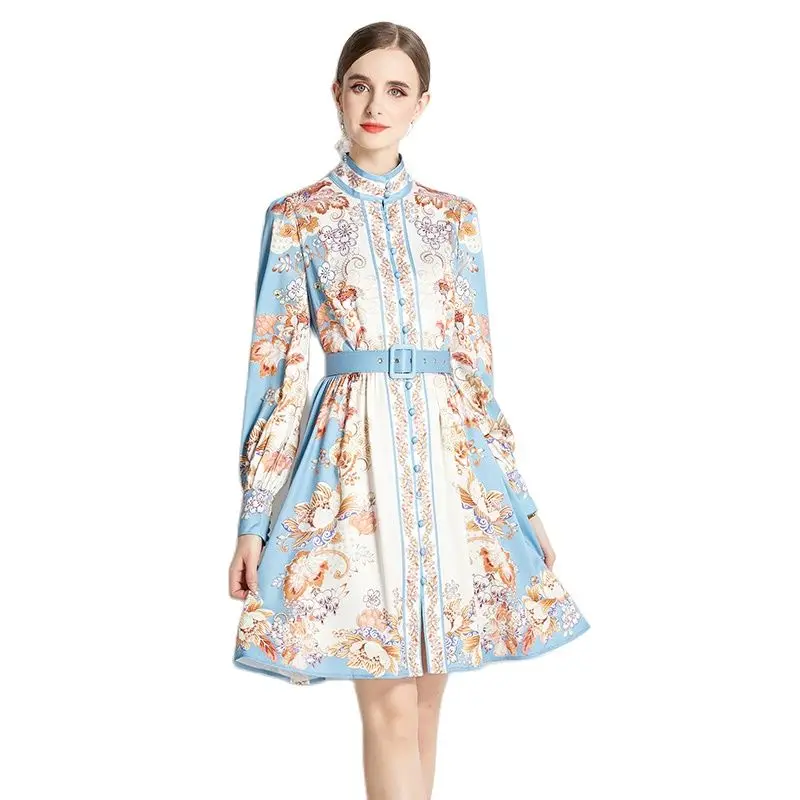 

Paisley Floral Blue Midi Button Shirt Dress With Belt 2023 Women Designer Long Sleeve Party Slim A-Line Vacation Ballgown Frocks