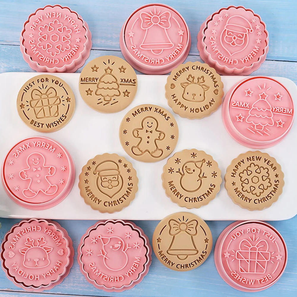 Cookie Cutter Cookie Mould Fondant Cutter Pastry Cutter 8Pcs Christmas Cookie Cutter Set Round XMAS Tree Gingerbread Man Deer Snowflake Fondant Embosser Stamp Christmas Party Supplies