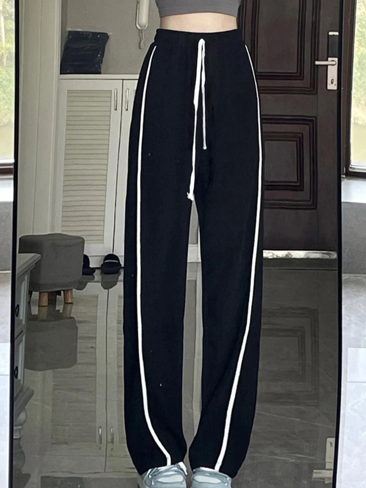 Casual Drawstring Side Stripe Wide Leg Pants Lace Up High Waist Loose Straight Pant Autumn Plush Sweatpants Women's Trousers